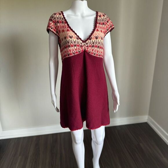 Free People Burgundy Nordic Fair Isle Wool Blend Sweater Dress Size L - Picture 4 of 7